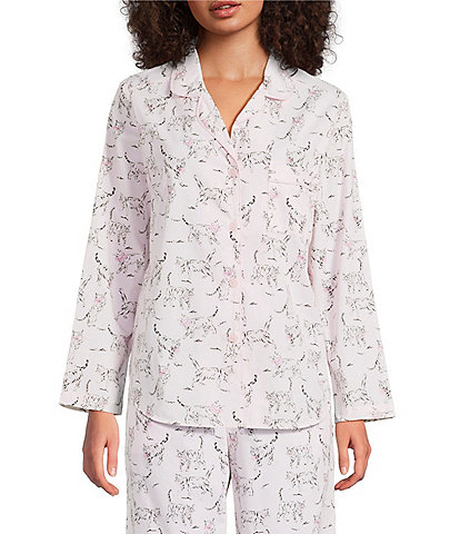 Sleep Sense Pink Cat Print Woven Twill Long Sleeve Notch Collar Button-Front Coordinating Sleep Top