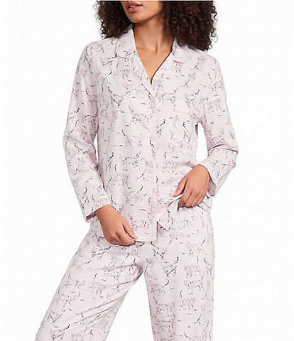 Sleep Sense Pink Cat Print Woven Twill Long Sleeve Notch Collar Button-Front Coordinating Sleep Top