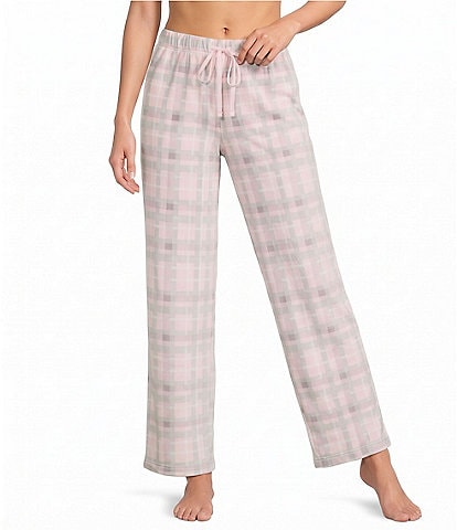 Sleep Sense Pink Plaid Print Velour Drawstring Tie Coordinating Sleep Pants