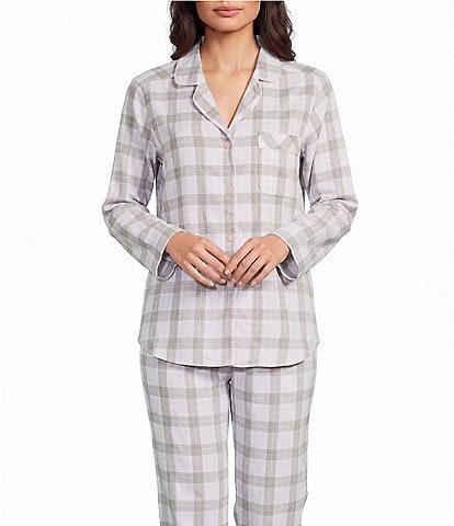 Sleep Sense Plaid Print Portuguese Flannel Yarn Dye Long Sleeve Notch Collar Button-Front Coordinating Sleep Top
