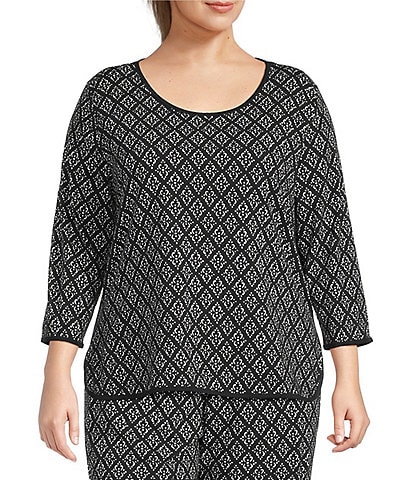 Sleep Sense Plus Size Black Geo Print Scoop Neck 3/4 Sleeve Knit Coordinating Sleep Top