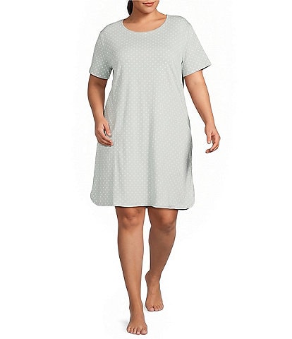 Sleep Sense Plus Size Dotted Print Short Sleeve Crew Neck Coordinating Knit Night Shirt