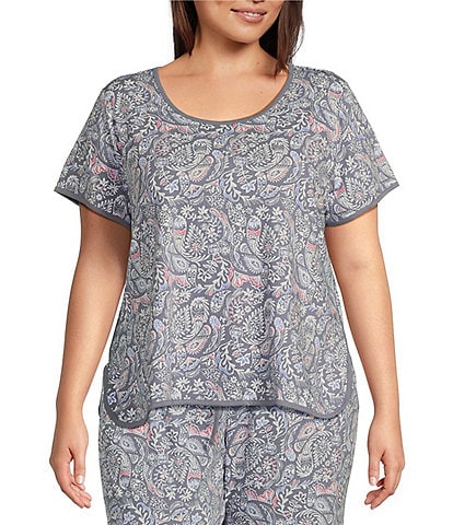 Sleep Sense Plus Size Floral Paisley Print Short Sleeve Crew Neck Coordinating Knit Sleep Tee Shirt