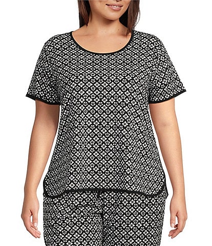 Sleep Sense Plus Size Geometric Print Short Sleeve Crew Neck Coordinating Knit Sleep Tee Shirt