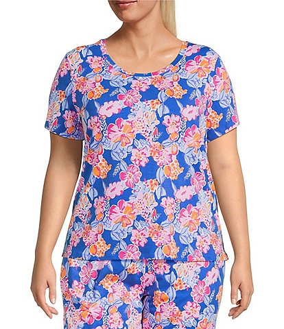 Sleep Sense Plus Size Happy Floral Print Short Sleeve Scoop Neck Coordinating Sleep Top