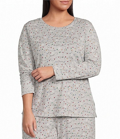 Sleep Sense Plus Size Hot Lights Print Knit Long Sleeve Crew Neck Coordinating Sleep Top