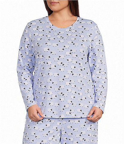 Sleep Sense Plus Size Jersey Knit Sheep Long Sleeve Crew Neck Coordinating Sleep Top