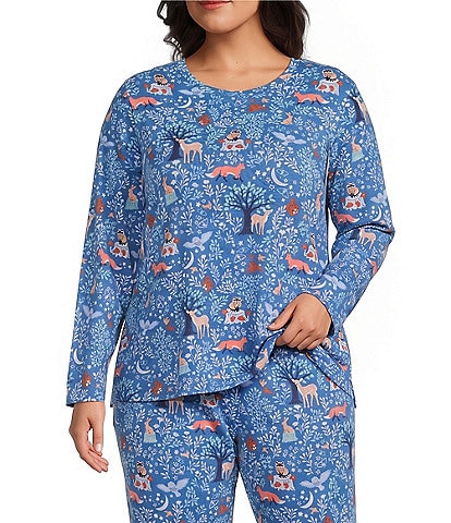 Sleep Sense Plus Size Jersey Knit Wood Print Long Sleeve Crew Neck Coordinating Sleep Top