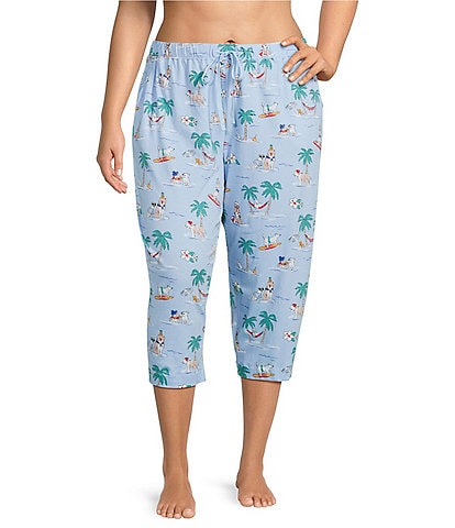 Sleep Sense Plus Size Knit Beach Dogs Print Drawstring Tie Coordinating Sleep Capri