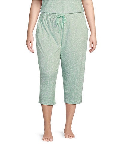 Sleep Sense Plus Size Knit Berry Floral Print Drawstring Tie Coordinating Sleep Capri