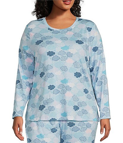Sleep Sense Plus Size Knit Cloud Print Long Sleeve Crew Neck Coordinating Sleep Shirt
