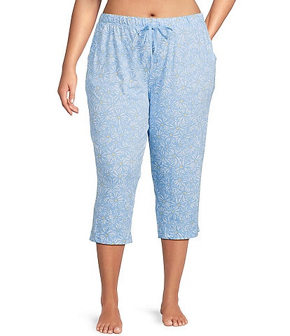 Sleep Sense Plus Size Knit Daisy Print Drawstring Tie Coordinating Sleep Capri Pants