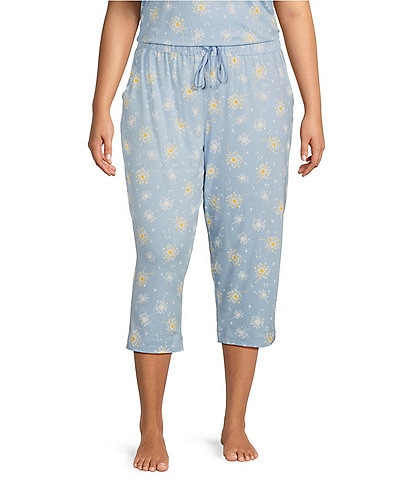 Sleep Sense Plus Size Knit Dandelion Print Drawstring Tie Coordinating Capri Sleep Pants