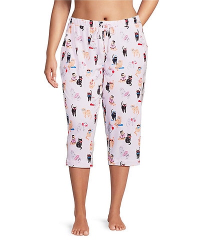 Sleep Sense Plus Size Knit Fancy Cats Print Drawstring Tie Coordinating Sleep Capri Pants