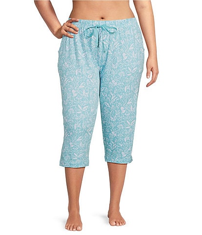 Sleep Sense Plus Size Knit Floral Print Drawstring Tie Coordinating Sleep Capri Pants