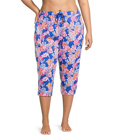 Sleep Sense Plus Size Knit Happy Floral Print Drawstring Tie Coordinating Sleep Capri Pants