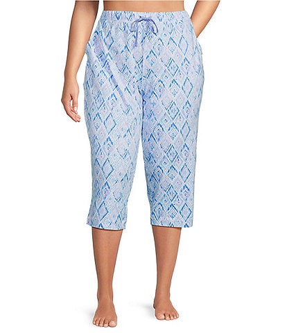Sleep Sense Plus Size Knit Multi Ikat Print Drawstring Tie Coordinating Sleep Capri Pants