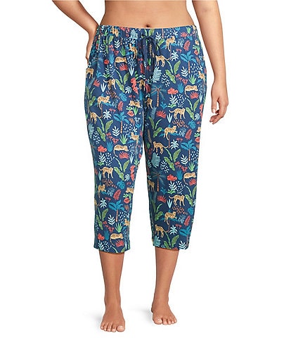 Sleep Sense Plus Size Knit Safari Print Drawstring Tie Coordinating Sleep Capri Pants