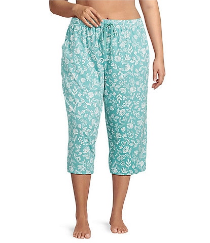 Sleep Sense Plus Size Knit Sketch Floral Print Drawstring Tie Coordinating Sleep Capri Pants