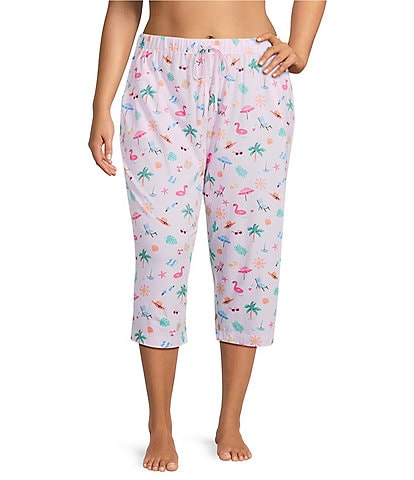 Sleep Sense Plus Size Knit Tossed Vacay Print Drawstring Tie Coordinating Sleep Capri Pants