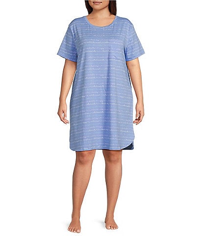 Sleep Sense Plus Size Short Sleeve Crew Neck Beach Script Print Chest Pocket Knit Nightgown
