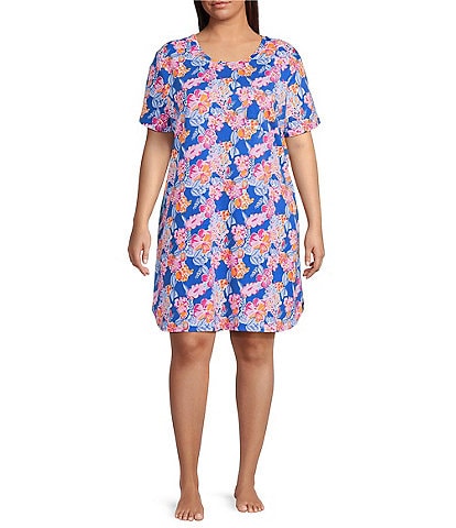 Sleep Sense Plus Size Short Sleeve Crew Neck Happy Floral Print Knit Nightgown
