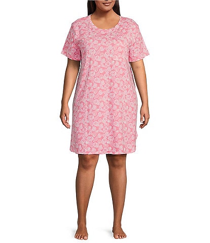 Sleep Sense Plus Size Short Sleeve Crew Neck Seashell Print Chest Pocket Knit Nightgown