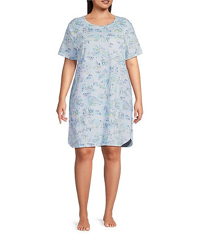 Sleep Sense Plus Size Short Sleeve Crew Neck Vacation Toile Print Knit Nightgown