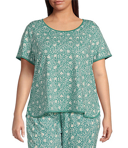 Sleep Sense Plus Size Sketch Floral Print Short Sleeve Crew Neck Coordinating Knit Sleep Tee Shirt