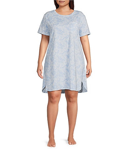 Sleep Sense Plus Size Tonal Daisy Print Short Sleeve Crew Neck Knit Nightshirt