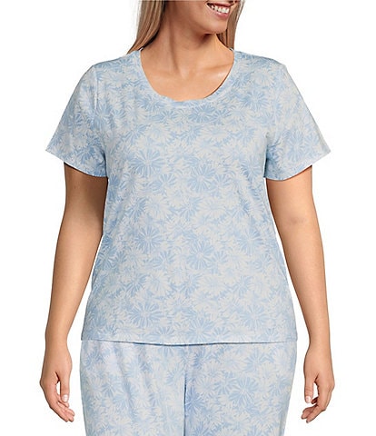Sleep Sense Plus Size Tonal Daisy Print Short Sleeve Scoop Neck Coordinating Knit Sleep Top