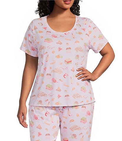 Sleep Sense Plus Size Tossed Fall Print Short Sleeve Scoop Neck Knit Coordinating Sleep Top