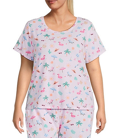 Sleep Sense Plus Size Tossed Vacay Print Short Sleeve Scoop Neck Coordinating Sleep Top