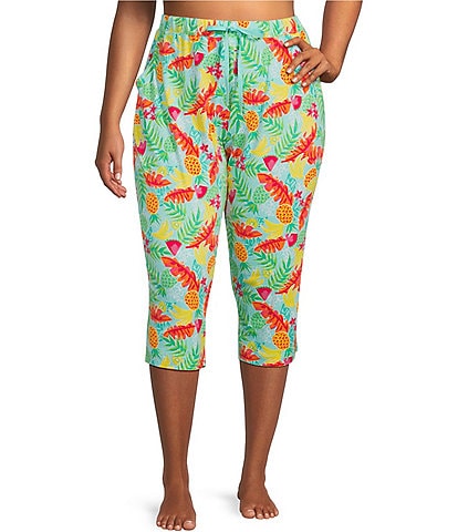 Sleep Sense Plus Size Tropic Fruit Print Knit Drawstring Coordinating Sleep Capri Pants