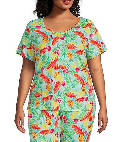 Sleep Sense Plus Size Tropic Fruit Print Scoop Neck Short Sleeve Knit Coordinating Sleep Top