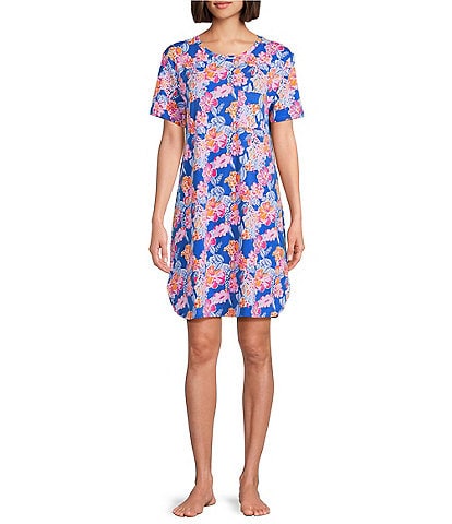 Sleep Sense Short Sleeve Crew Neck Happy Floral Print Knit Nightgown