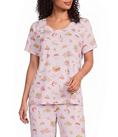 Sleep Sense Tossed Fall Print Short Sleeve Scoop Neck Knit Coordinating Sleep Top