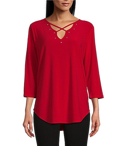 Slim Factor by Investment 3/4 Sleeve Criss Cross Embellished Knit Top