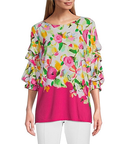 Slim Factor by Investment 3/4 Tiered Sleeve Cascade Floral Knit Top