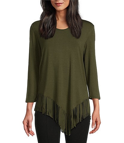 Slim Factor by Investment Lauren 3/4 Sleeve Asymmetrical Hemline Scoop Neckline Fringe Knit Top