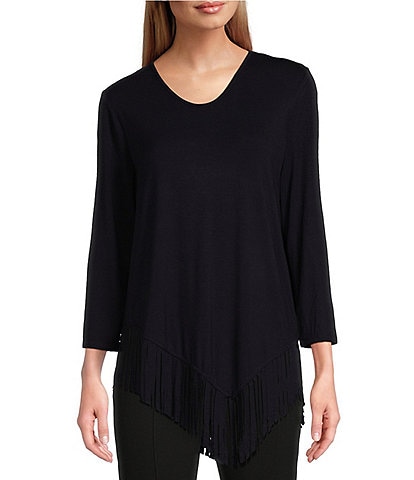 Slim Factor by Investment Lauren 3/4 Sleeve Asymmetrical Hemline Scoop Neckline Fringe Knit Top