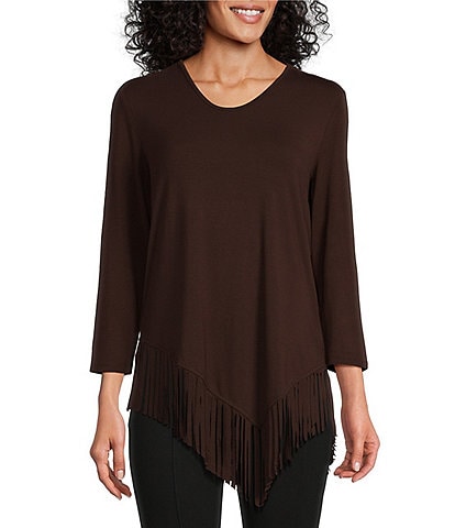 Slim Factor by Investment Lauren 3/4 Sleeve Asymmetrical Hemline Scoop Neckline Fringe Knit Top