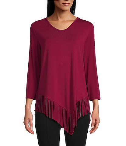 Slim Factor by Investment Lauren 3/4 Sleeve Asymmetrical Hemline Scoop Neckline Fringe Knit Top