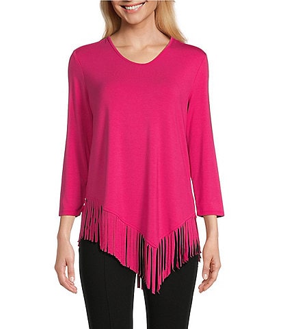 Slim Factor by Investment Lauren 3/4 Sleeve Asymmetrical Hemline Scoop Neckline Fringe Knit Top