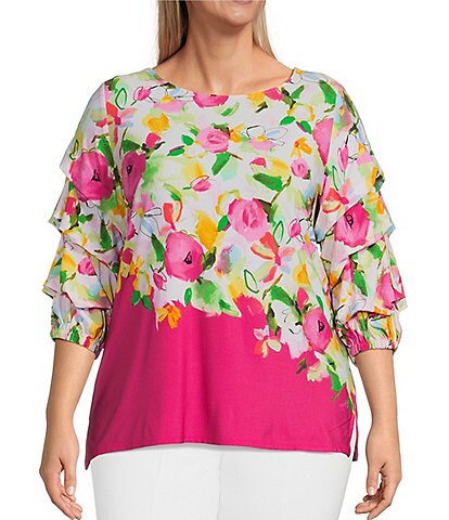 Slim Factor by Investment Plus Size 3/4 Tiered Sleeve Cascade Floral Knit Top
