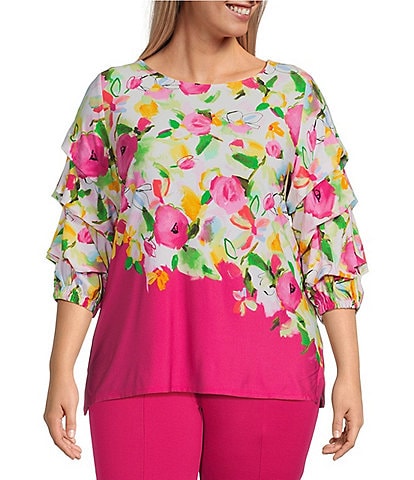 Slim Factor by Investment Plus Size 3/4 Tiered Sleeve Cascade Floral Knit Top