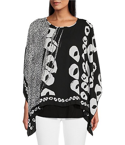 Slim Factor by Investments Animal Geo Print Round Neck 3/4 Sleeve Square Poncho Top