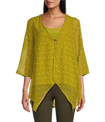 Slim Factor by Investments Avocado Oil Print V-Neck 3/4 Sleeve Faux Cardigan Blouse