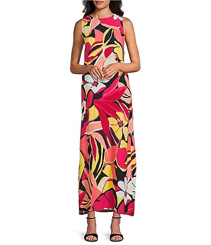 Slim Factor by Investments Azalea Sunstruck Fancy Floral Print Sleeveless Crew Neck Maxi Dress
