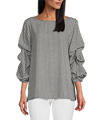 Slim Factor by Investments Black Gingham Print Boat Neck Three Tier Sleeve Top